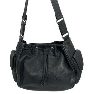 Fossil Black Leather Drawstring Bucket Shoulder Bag Side Pockets + Key Charm EUC